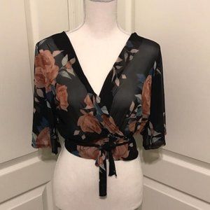 Sheer crop wrap around top with a peek a boo back !!